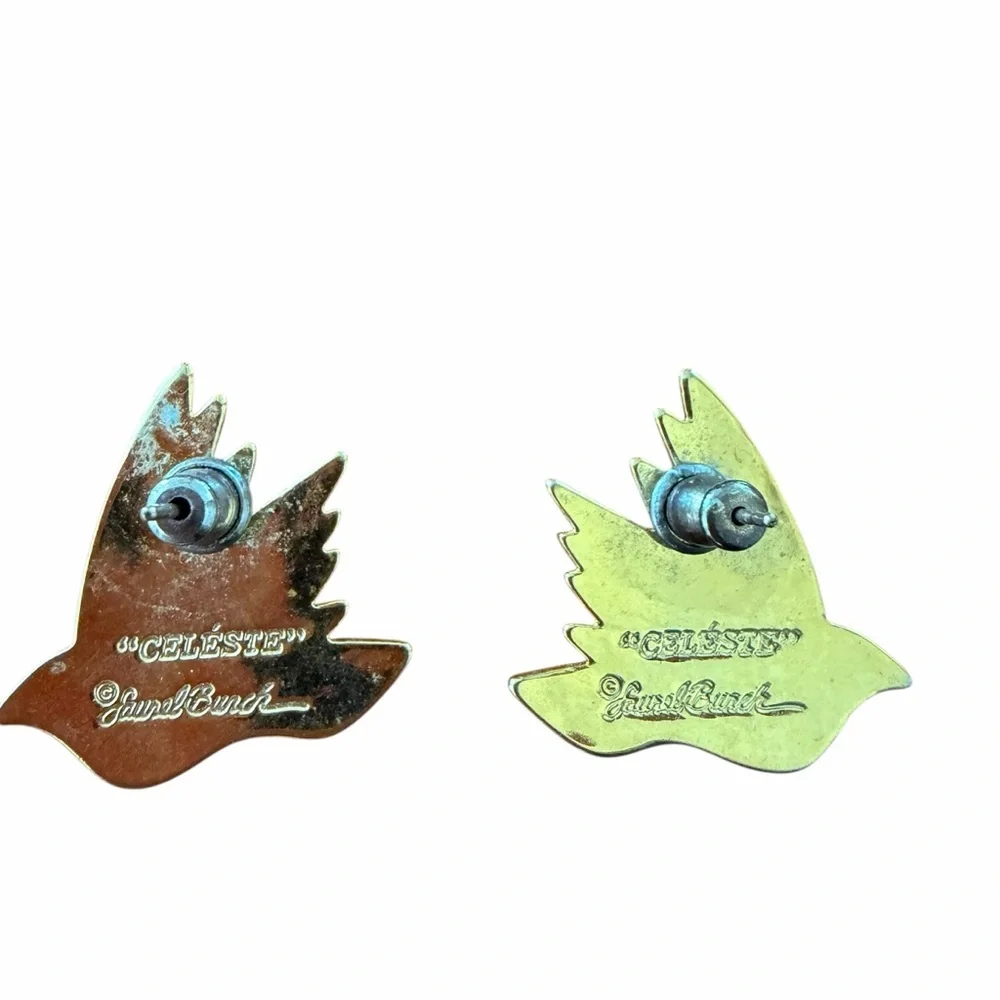 Laurel Burch Celeste Bird Earrings Blue Enamel Gold Tone Signed Vintage